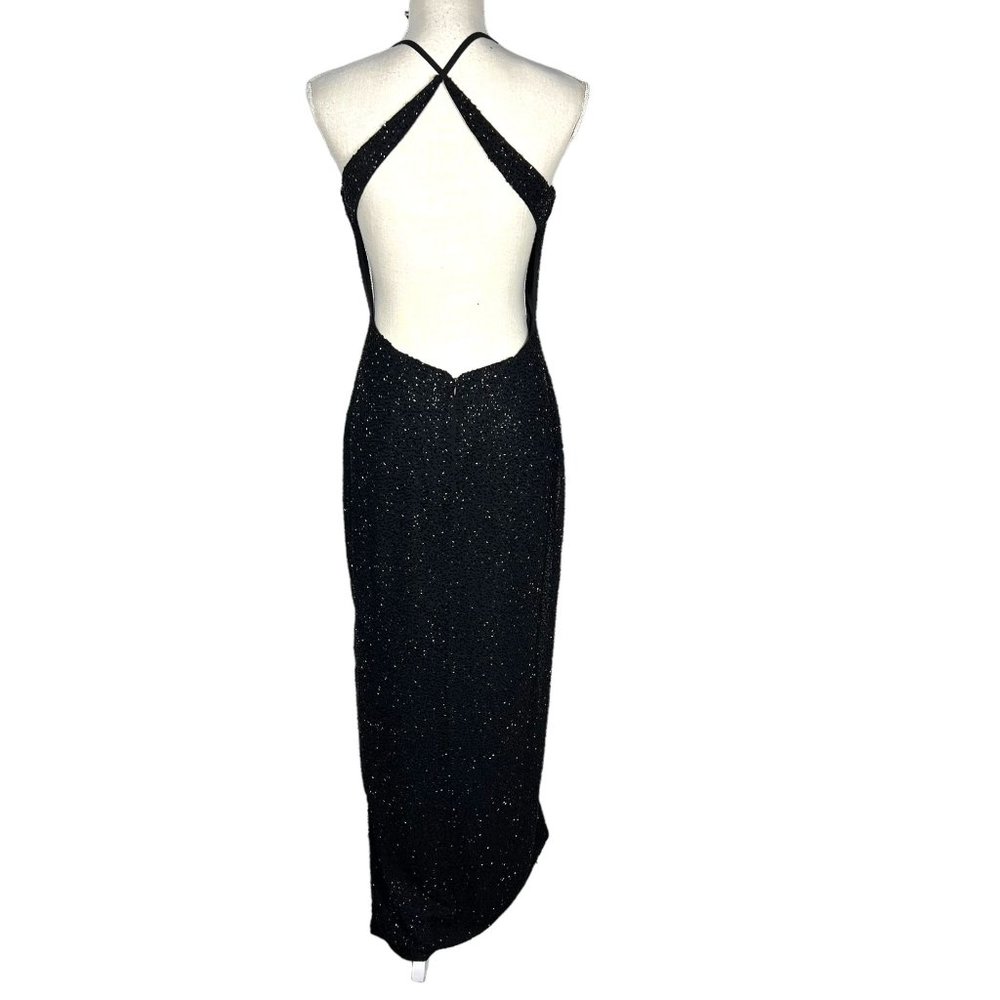 Vintage 90s Black Beaded High Neck Sleeveless Halter Open Back Full Length Dress - Picture 4 of 13